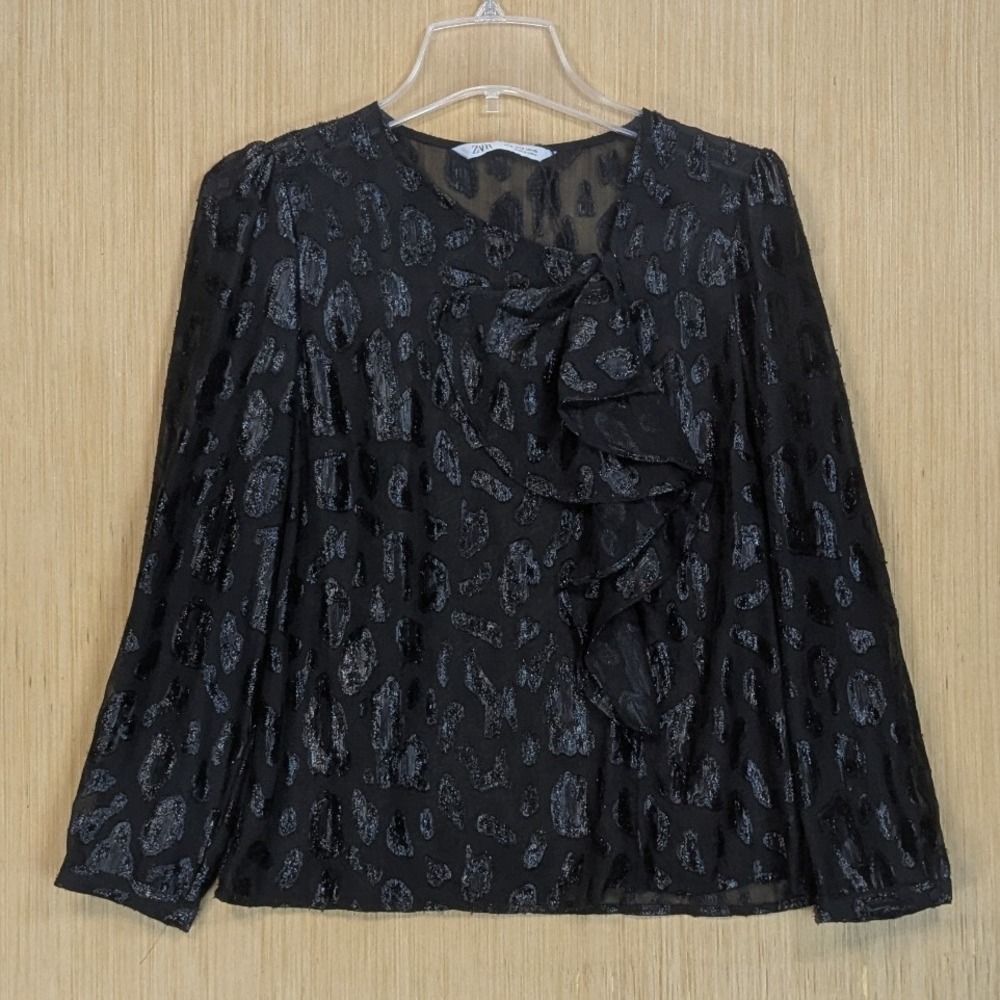 ZARA Blouse Black Sheer Textured Animal Print Ruffle Festive Chic Women's Small